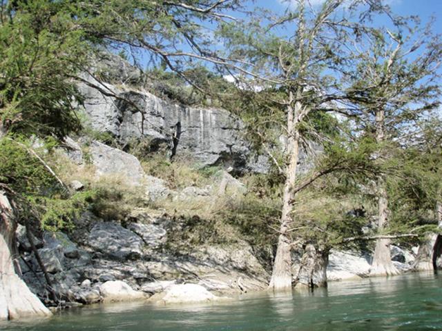 Cypress trees and rock walls on the riverbank